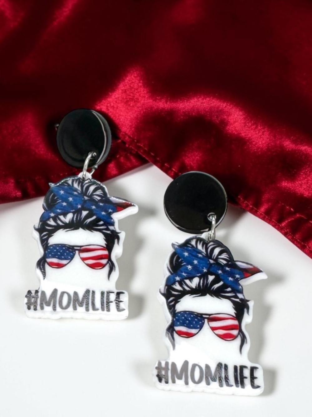 Patriotic #MOMLIFE Earrings USA Flag Messy Bun Dangles